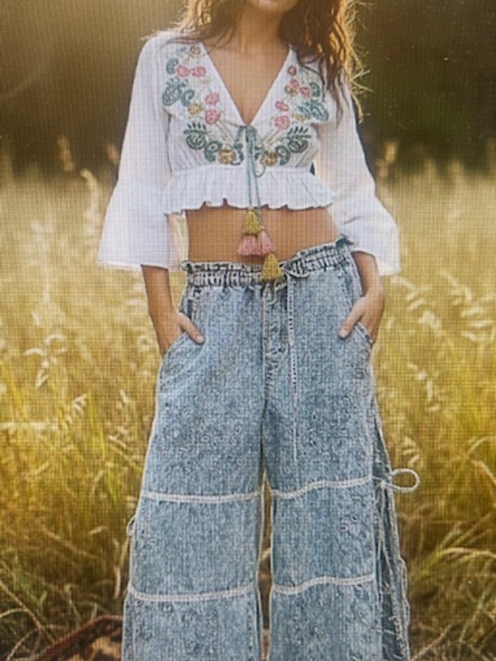 POL BoHo Ivory Multi Color Embroidered Beaded Tie Ruffle Cropped Cotton Top NEW - Picture 3 of 16